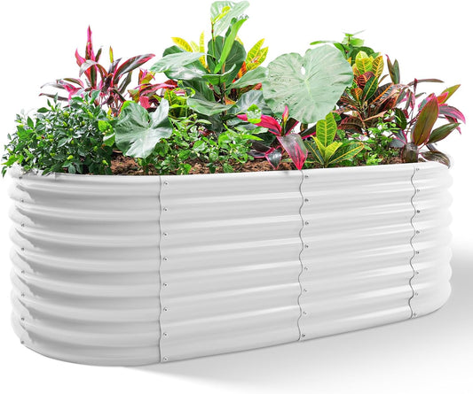 Land Guard 24“ Tall 4×2ft Galvanized Raised Garden Bed Kit, Galvanized Planter Garden Boxes Outdoor, Oval Large Metal Raised Garden Bed for Vegetables(Pearl White, 4×2×2ft)