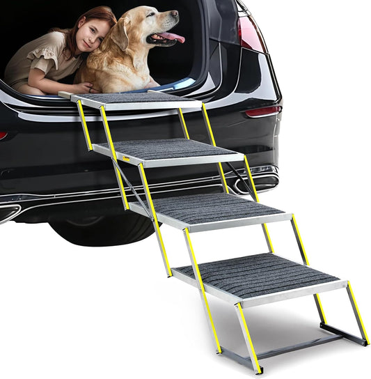 Reflective 20" Wide Dog Car Ramp, 4-Step Aluminum Stairs with Non-Slip Carpet - Foldable Design for Trucks/SUVs/Beds - Heavy Duty 200Lbs Capacity for Large Breeds