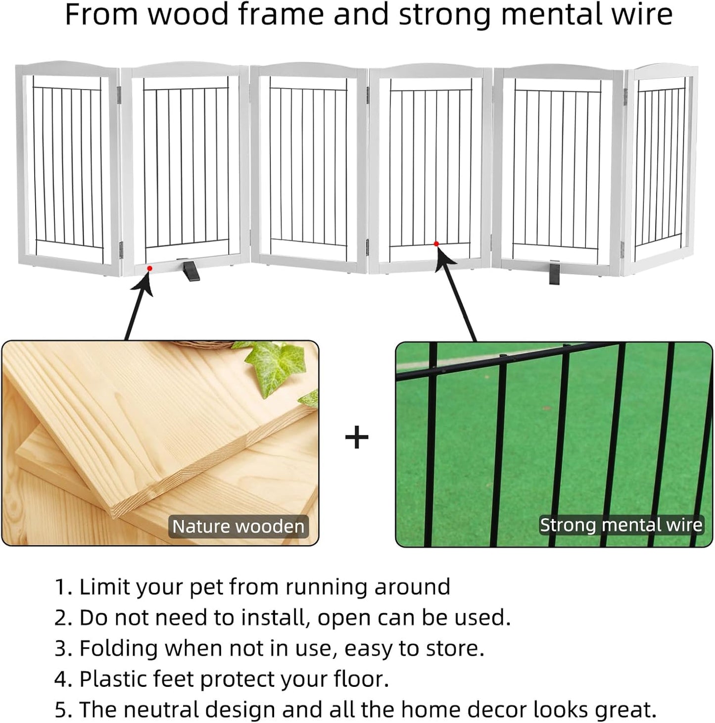 ZJSF Freestanding Dog Fence Indoor, Foldable Dog Gate for Doorways, Stairs or Hallways, Sturdy Wood Extra Wide Pet Gate with Support Feet for The House, White, 32 "Height-6 Panels