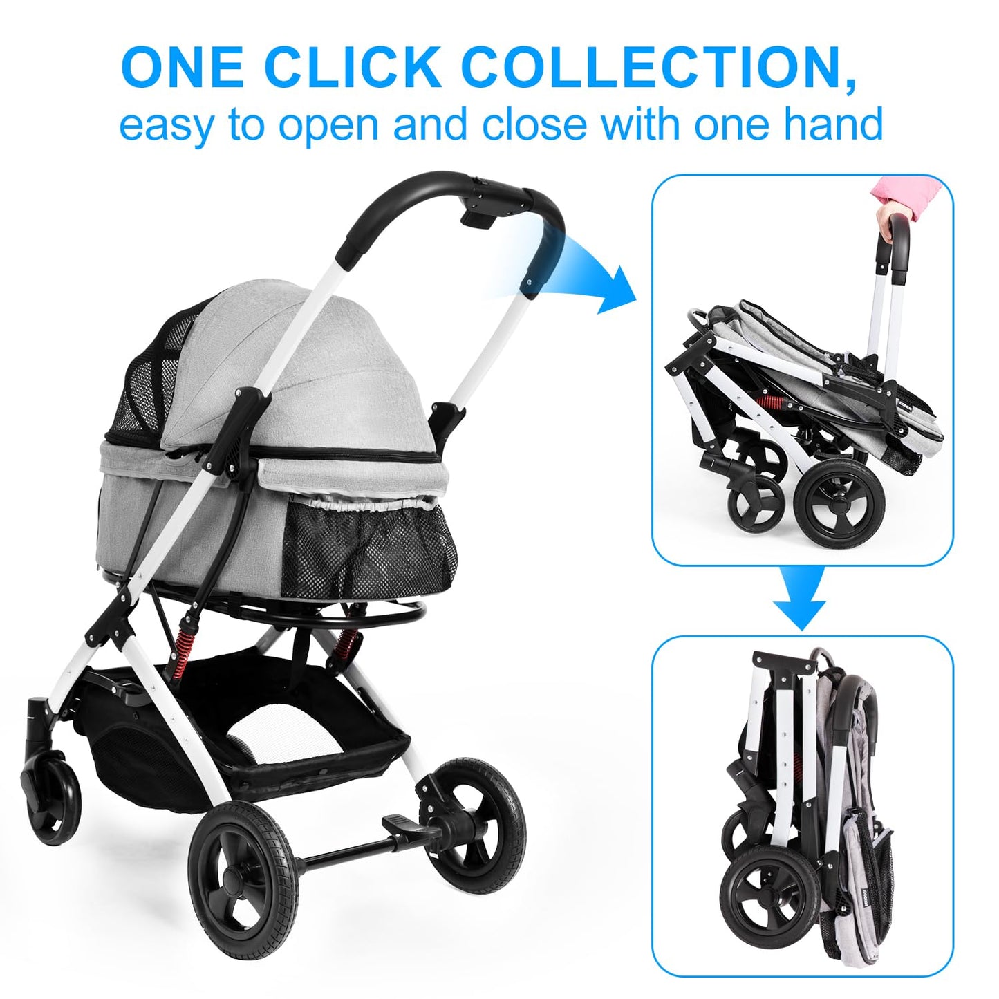 Pet Stroller for Medium Small Dog & Cat, Foldable Lightweight Dog Stroller with Storage Basket Pet Travel Carriage with Safety Leashes, 4 Wheel, Gray