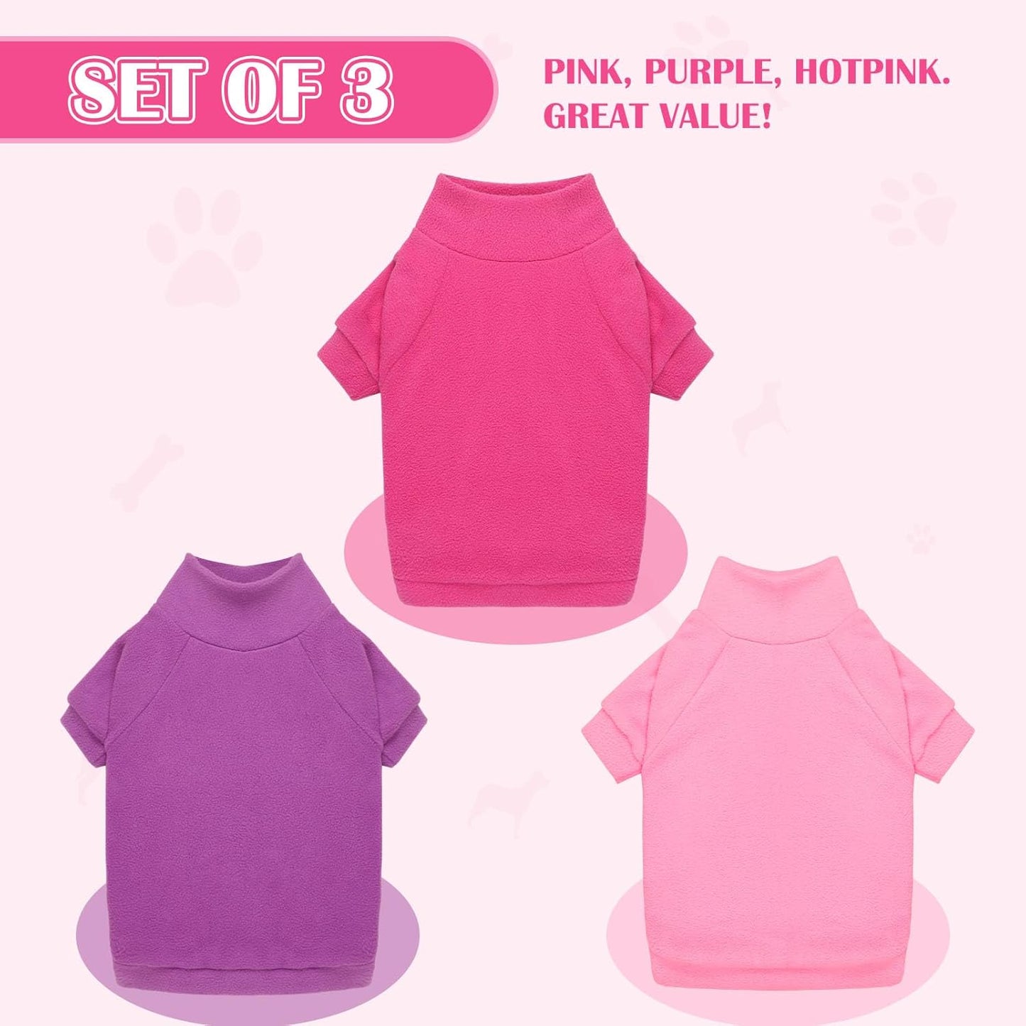 3 Pack Dog Sweater Fleece Pet Clothes Turtleneck Soft Warm Sweatshirt Dog Sweaters for Small Dogs Puppy Sweater Boy Girl Pet(Pink+Hotpink+Purple,XS)