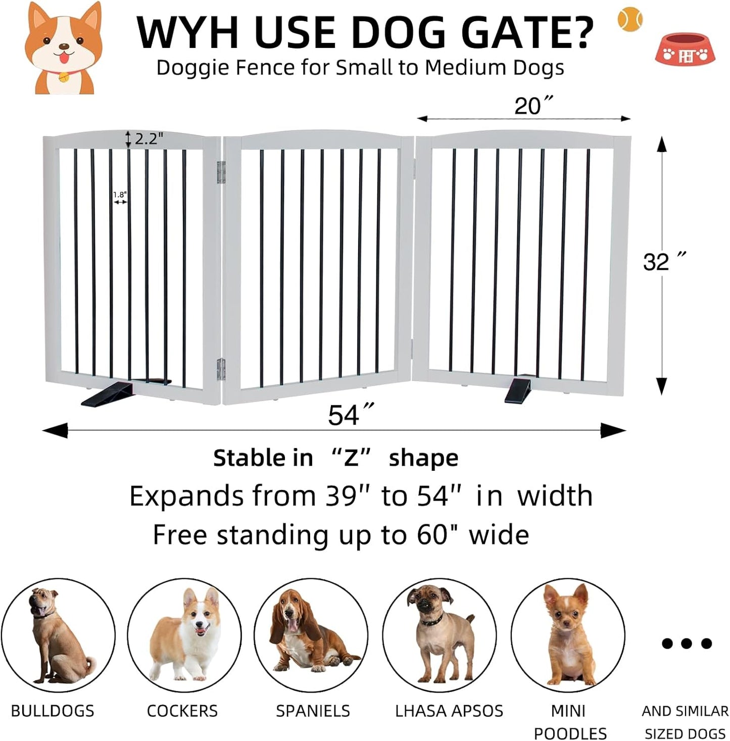 ZJSF Freestanding Panel Dog Gate for Indoor, Doorways,Stairs, or Hallways,Foldable Wooden White Dog Gates for House,Pet Gate for Dogs,Dog Fence, Puppy Gate,Support Feet Included,32 "Height-3 Panels
