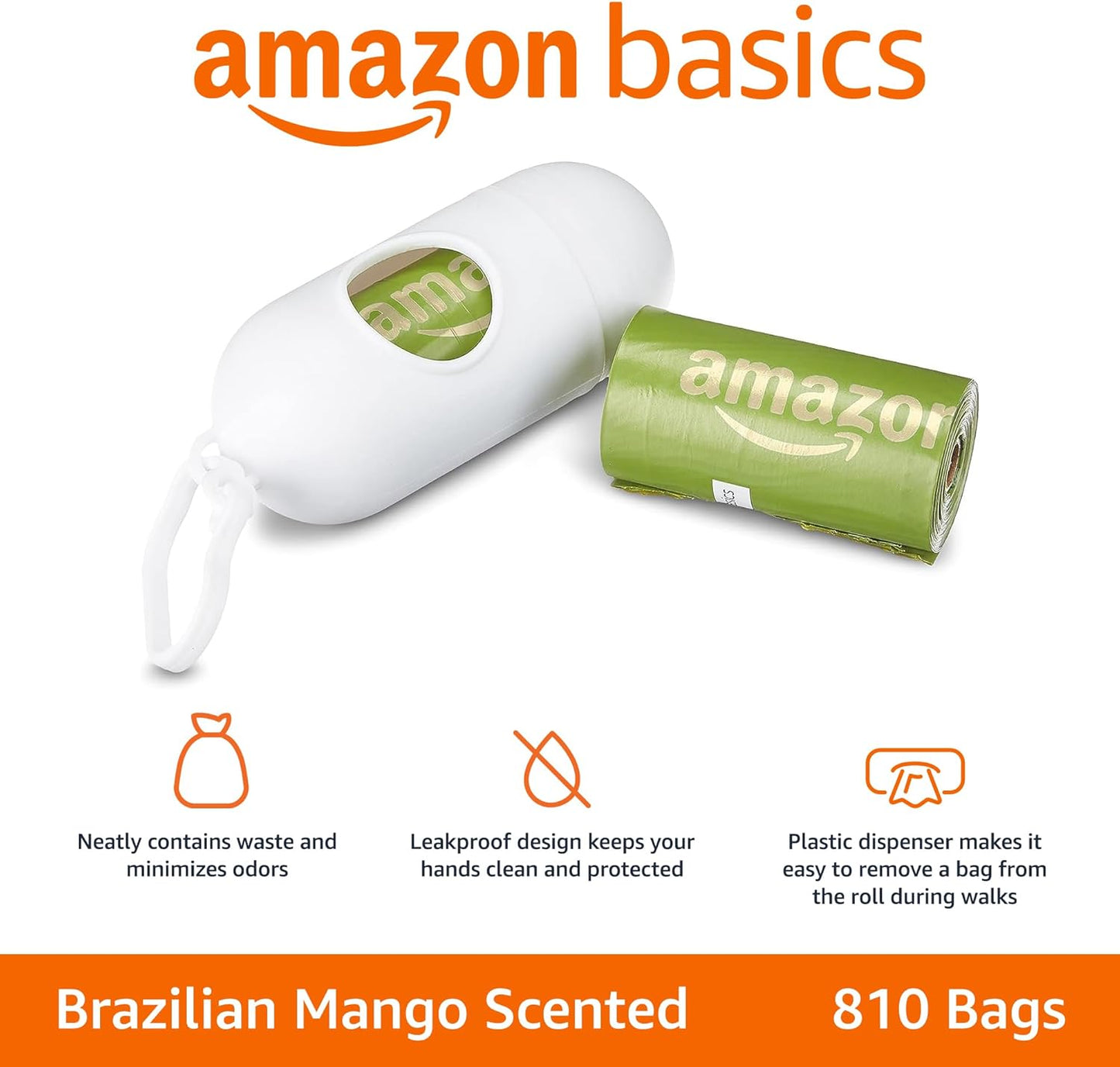 Amazon Basics Dog Poop Bags with Dispenser, 810 Count, Enhanced for Guaranteed Leakproof, Brazilian Mango Scented, Includes Leash Clip