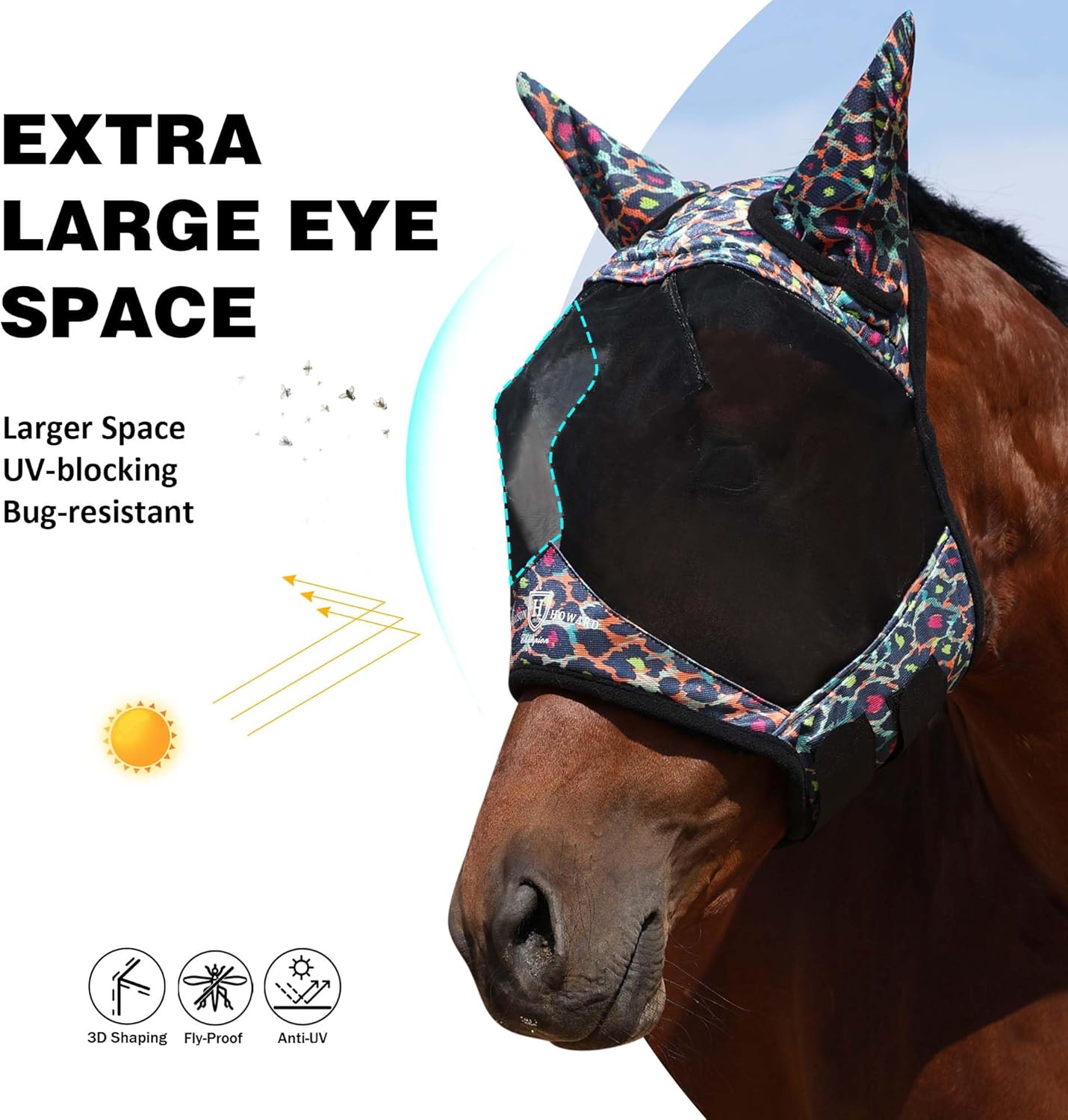Harrison Howard Pro LumiVista Horse Half Face Fly Mask Large Eye Space with Ears UV Protection for Horse Iridescent Prints M