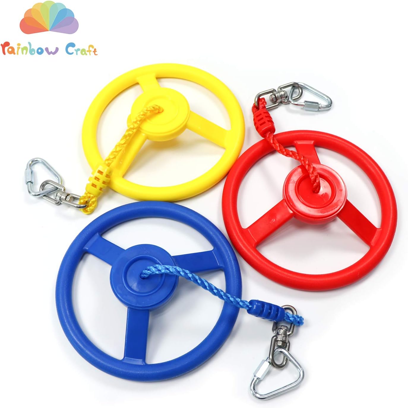 Rainbow Craft 3-Pack Ninja Monkey Wheels，Obstacle Course & Swing Set Attachments for Kids ，Outdoor Backyard Playground Accessory，Red, Blue & Yellow