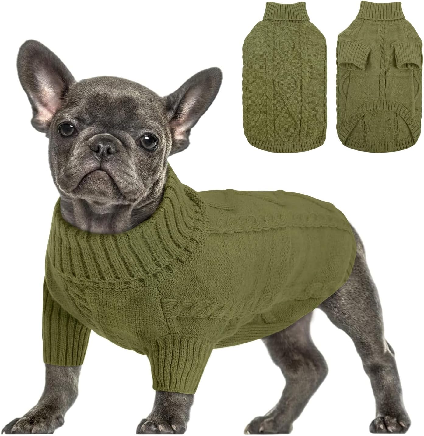 Queenmore Small Dog Pullover Sweater, Cold Weather Cable Knitwear, Classic Turtleneck Thick Warm Clothes for Chihuahua, Bulldog, Dachshund, Pugl,OliveGreen,XL