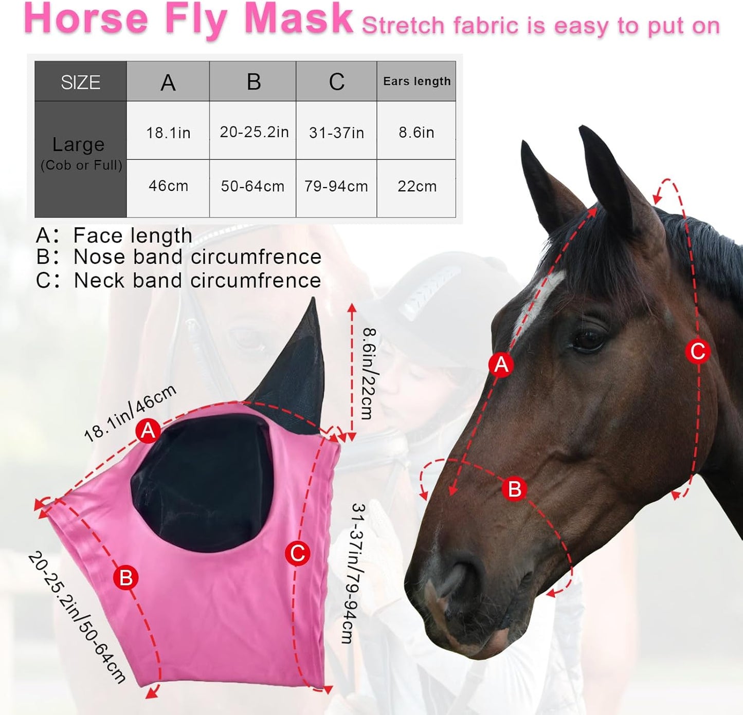 Horse Fly Mask with Ears, Comfortable Fit Stretch Fabric with UV Protection Soft on Skin Breathability for Small/Medium Size Horses (Pink)