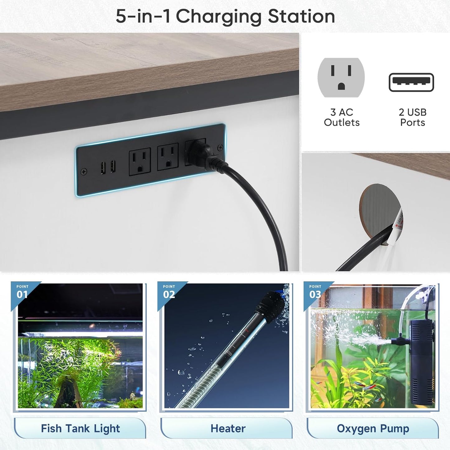 Verano 55-75 Gallon Aquarium Stand with Cabinet, Fish Tank Cabinet with Power Outlets & LED Light, Modern Turtle Tank Stand 52 inch x 19.7-inch Desktop, Heavy Duty Metal Frame,1100LBS Capacity (White)