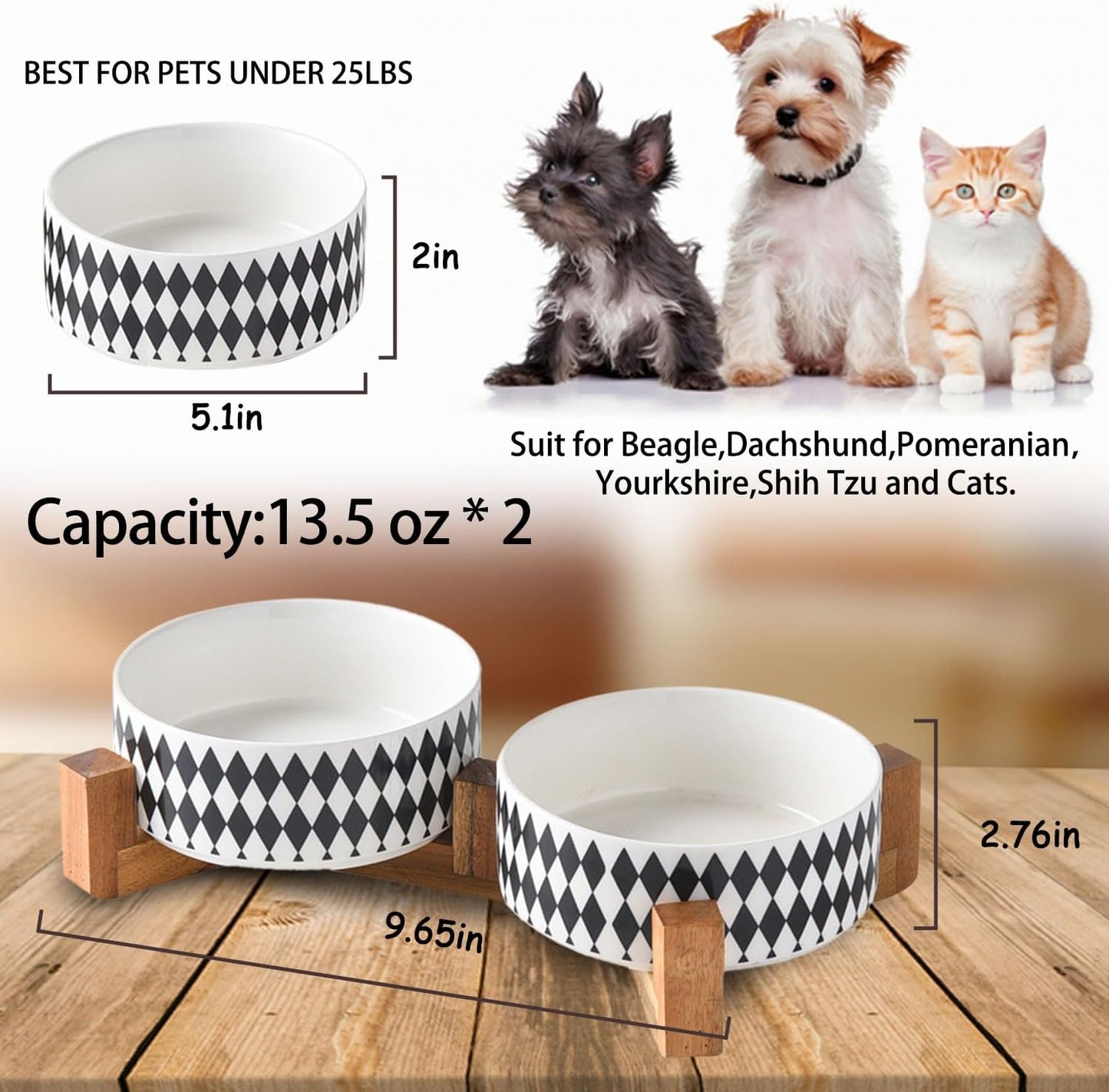 Petygooing Ceramic Dog Cat Bowl Set with Stand,Pet Food and Water Bowl,Small Dog Bowls Anti -Slip Set of 2 Cat Dishes Food Bowls Dish Small Size Pet (13.5OZ/5.1 in) Black Rhombus
