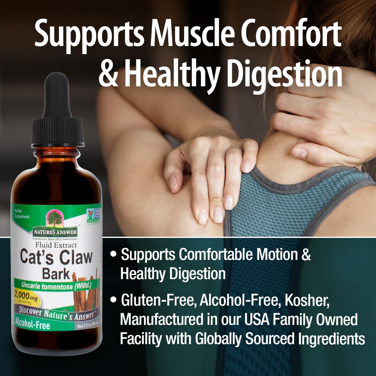 Nature's Answer Cat's Claw Bark Liquid Extract Supplement 2 Ounce - Alcohol Free Cats Claw Tincture & Capsules Alternative for Joint & Muscle Support, Vegan, Non-GMO, Gluten Free, Kosher