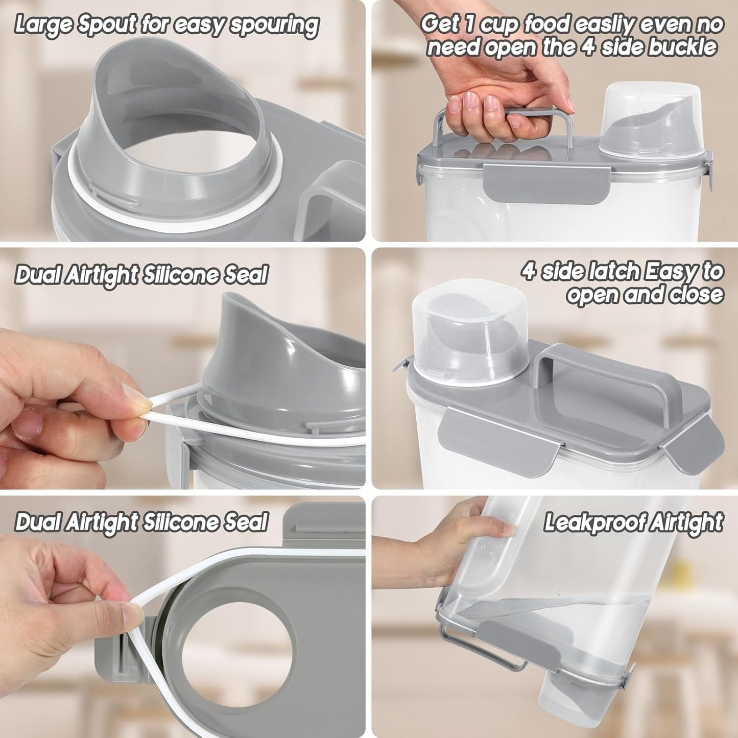 5-7Lbs Dog Cat Food Storage Container with Upgraded Large Nozzle BPA-free, 4 Snap Seals Plastic Pet Food Storage Containers with Handles (2, Light Gray, 5L)