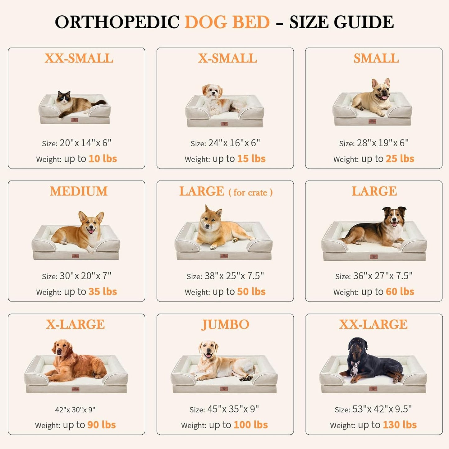 Comfort Expression XXL Dog Bed Waterproof, Extra Large Dog Beds Orthopedic Foam, Washable Dogs Sofa Bed Pet Beds with Removable Cover & Non-Slip Bottom(XX-Large,Beige)