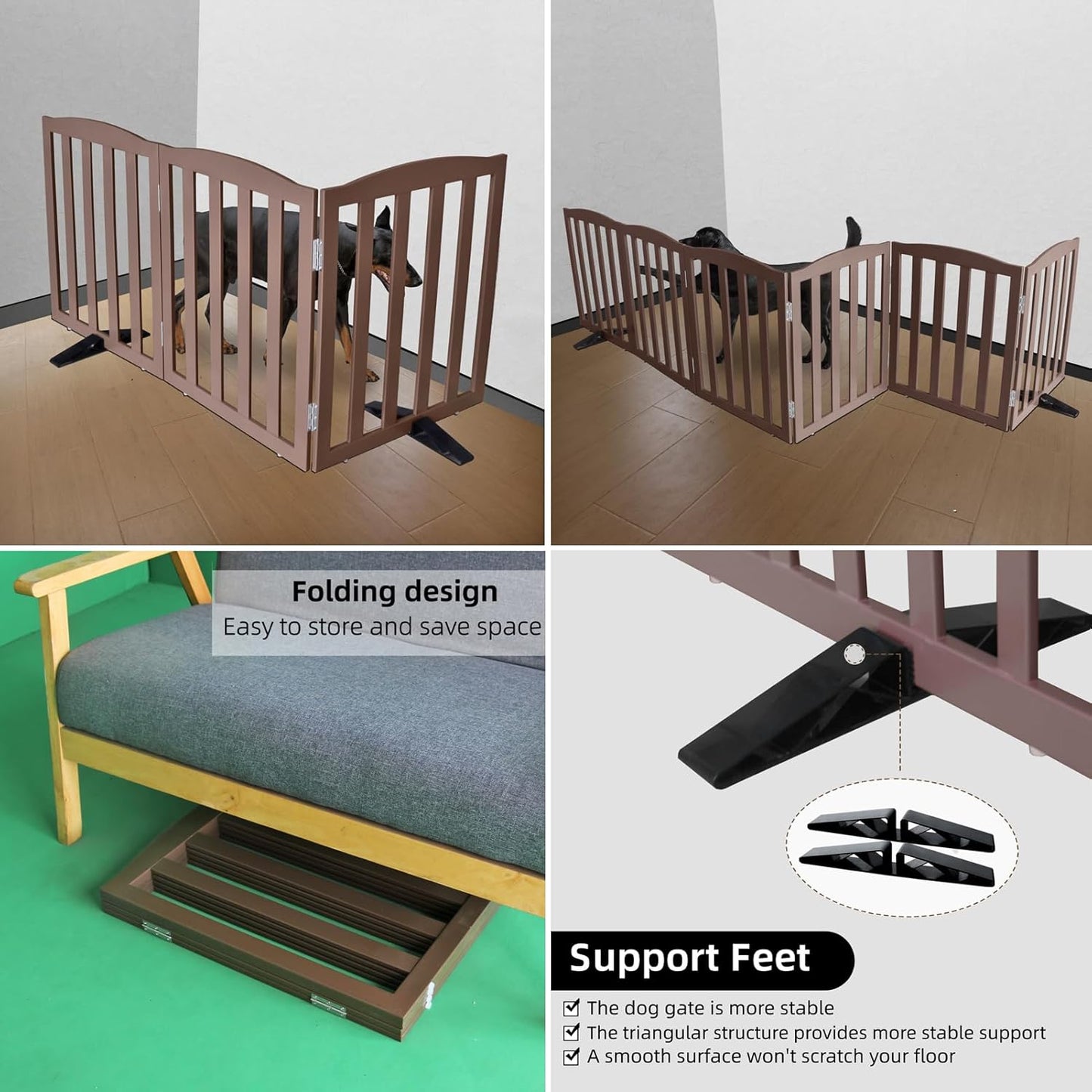 ZJSF Foldable Freestanding Indoor Dog Gate for House Wood Long Pet Gates Dog Fence for Stairs Puppy Gates for Hallways, Puppy Gate,Support Feet Included, Brown, 32 "Height-3 Panels