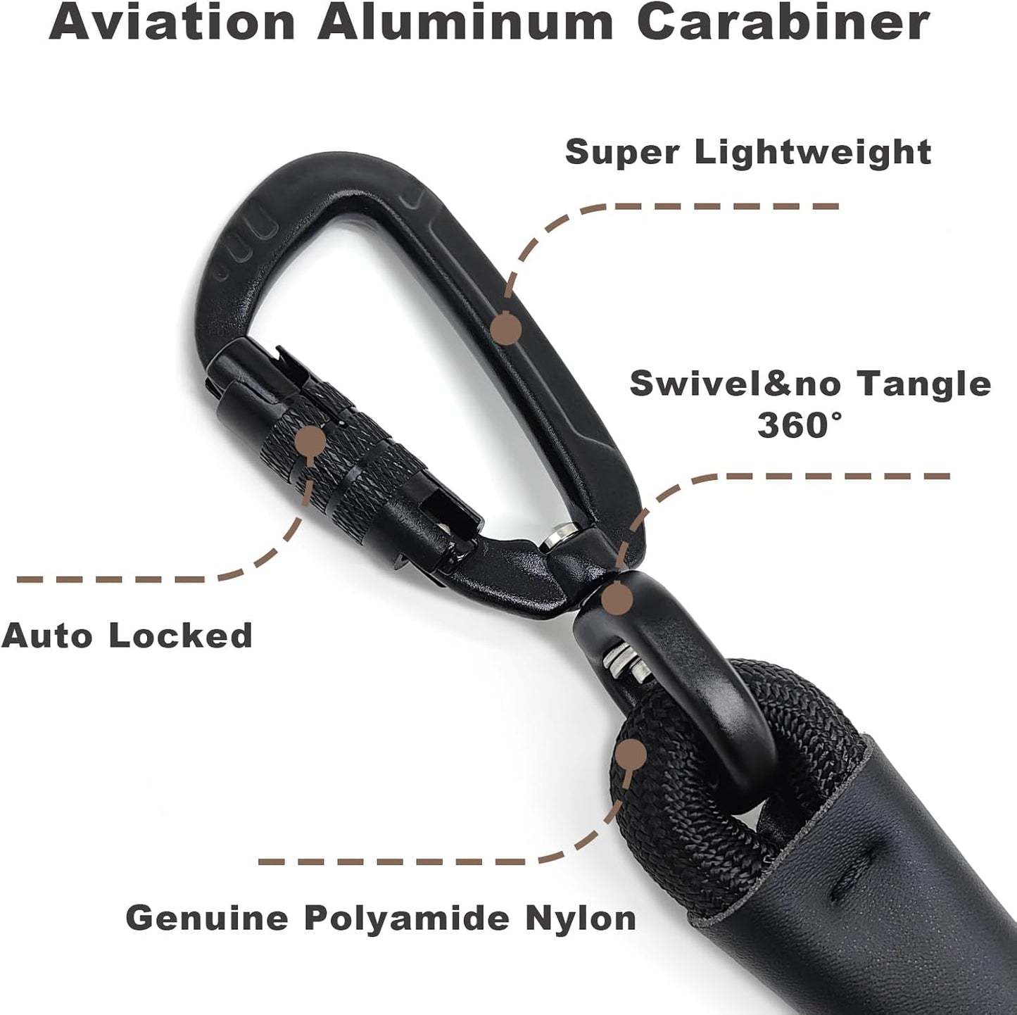 Rope Dog Leash with Two Handles, 6 Foot Heavy Duty Dog Leash with Aviation Aluminum Auto Locking Carabiner, Strong Nylon Pet Lead for Small, Medium, Large Dogs (Black, 6FT-Two Handle)