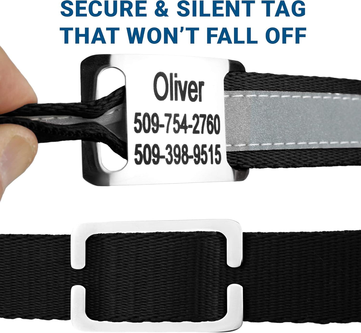 GoTags Reflective Personalized Dog Collar with Nameplate, Adjustable Dog Collar with Custom Engraved Steel Slide On Pet ID Tag, Silent, No Noise Dog Tag for Large Medium or Small (Black, Small)