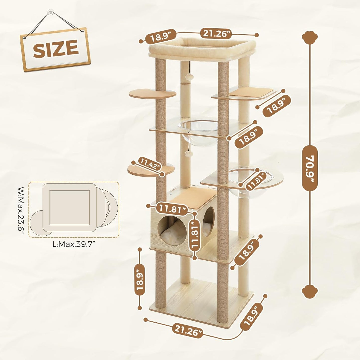 PEQULTI 71'' Cat Tree, Tall Wood Cat Tower for Indoor Cats with 2 Acrylic Cat Hammock, Multi-Level Activity Trees with Scratching Posts, Condo House and Large Top Perch for Large Cats, Beige