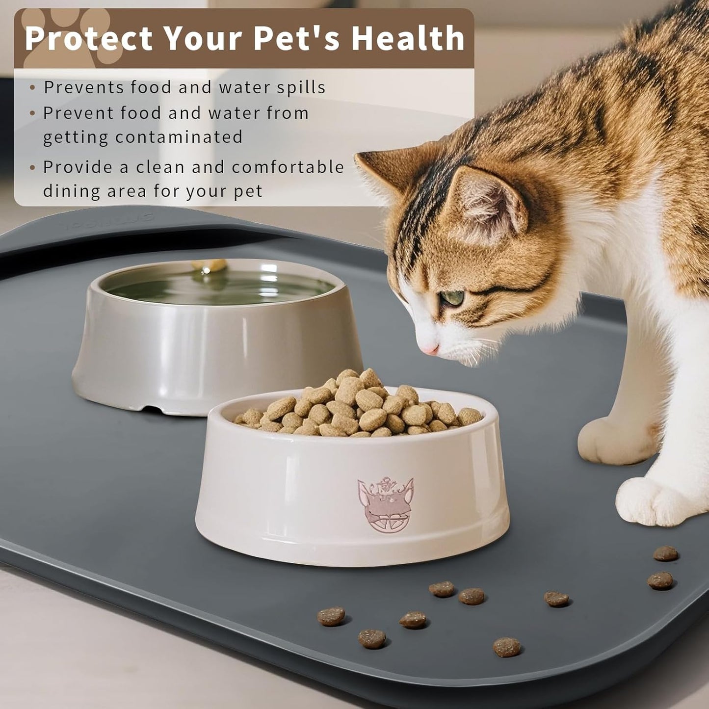 Silicone Pet Feeding Mat with Raised Edge & Residue Collection Pocket for Food and Water, Dog Bowl Mats, Cat Bowls Placemat with High Lip for Floor Waterproof, 22 x 14 x 0.8 Grey