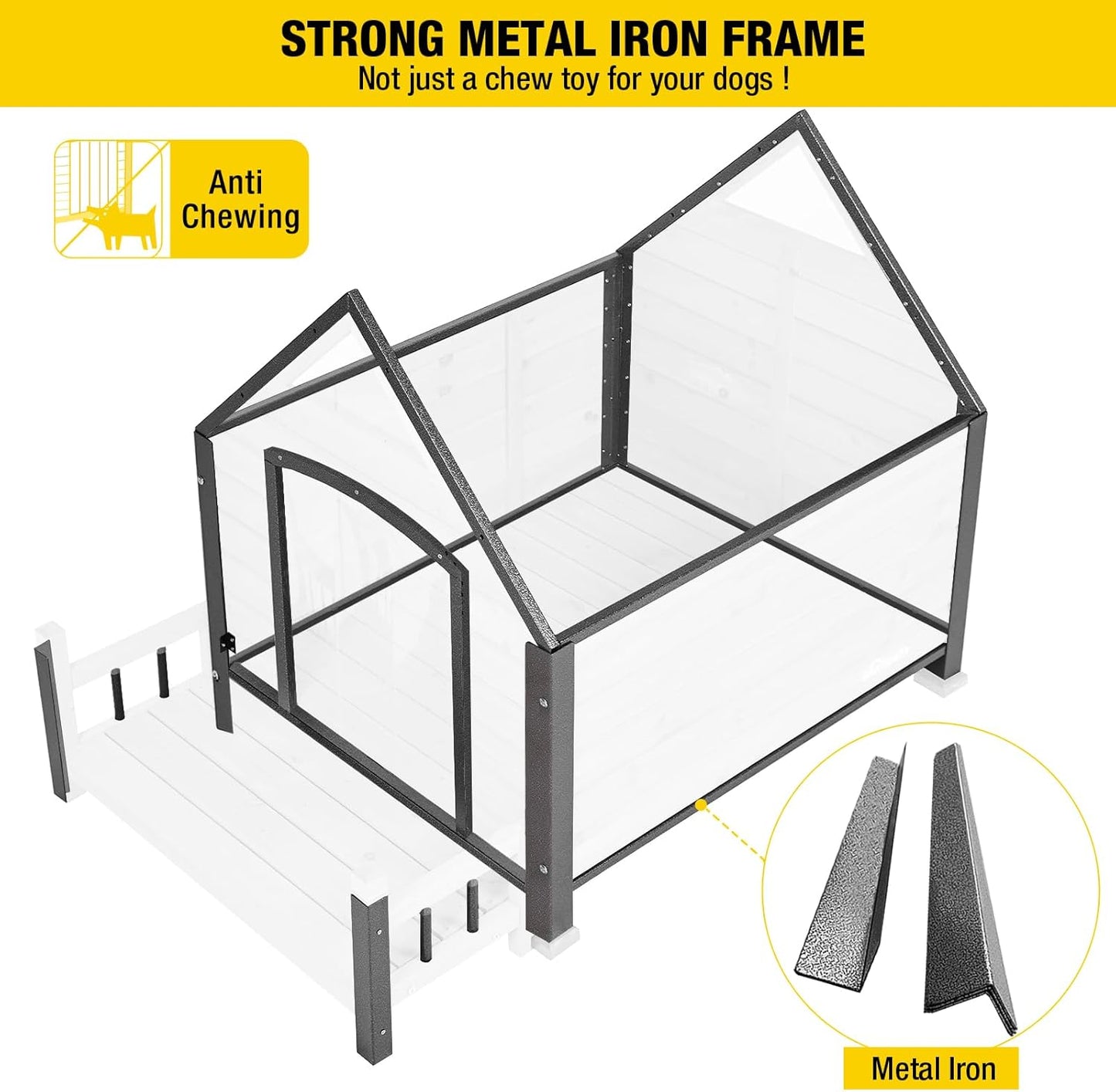 Aivituvin Dog House Outdoor with Metal Frame, Dog Kennel Outside for Small to Medium Breed, 45" Weatherproof Large Dog Shelter with Anti-Chewing Iron Frame, White (45" D x 32.9" W x 32.6" H)