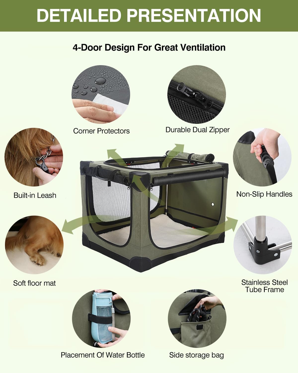 42-Inch Collapsible Travel Dog Crate, Portable 4-Door Soft Kennel for Medium to Large Dogs, Durable Mesh Windows, Indoor/Outdoor Use, Foldable, with Storage Bag (Green)