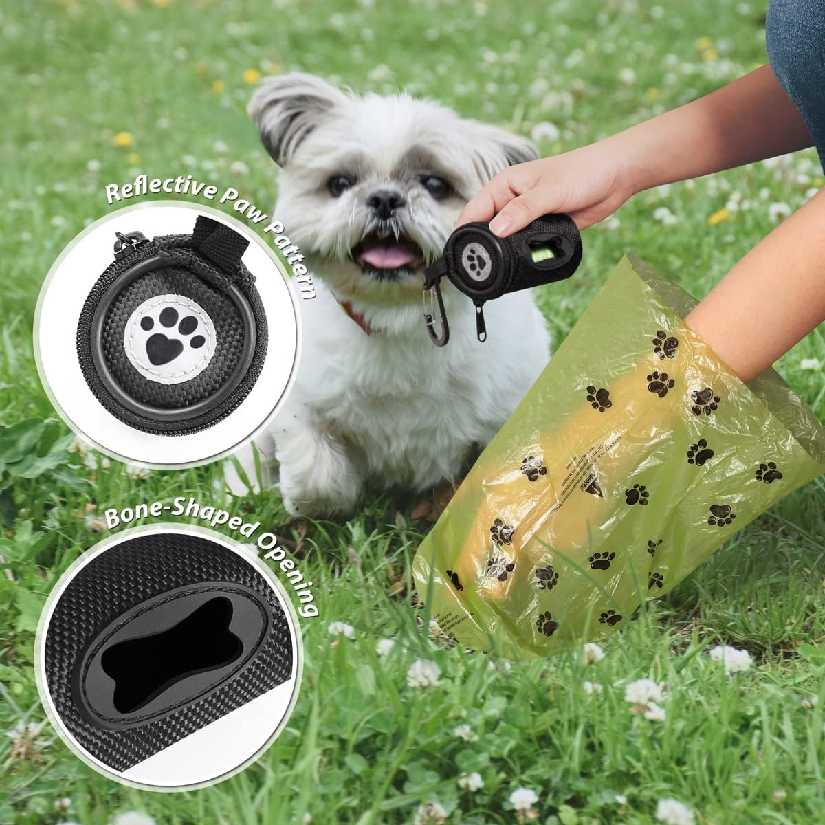 Dog Poop Bag Holder for Leash Doggie Waste Bag Dispenser Soft Fabric Puppy Potty Carrier Small Doggy Zipper Pouch with Carabiner Clip with 1 Roll of Pet Trash Bags, Black