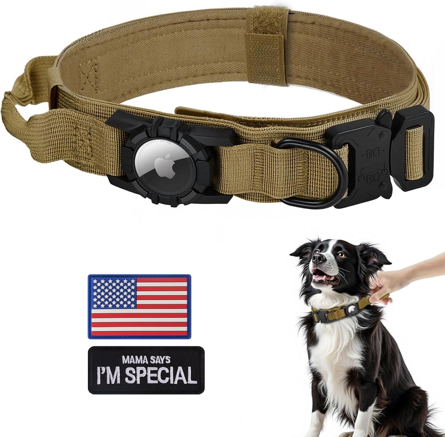 Tactical AirTag Dog Collar - Heavy Duty, Adjustable GPS Collar Compatible with Apple AirTag, with Holder & Control Handle for Medium/Large Dogs [ Brown, M ]