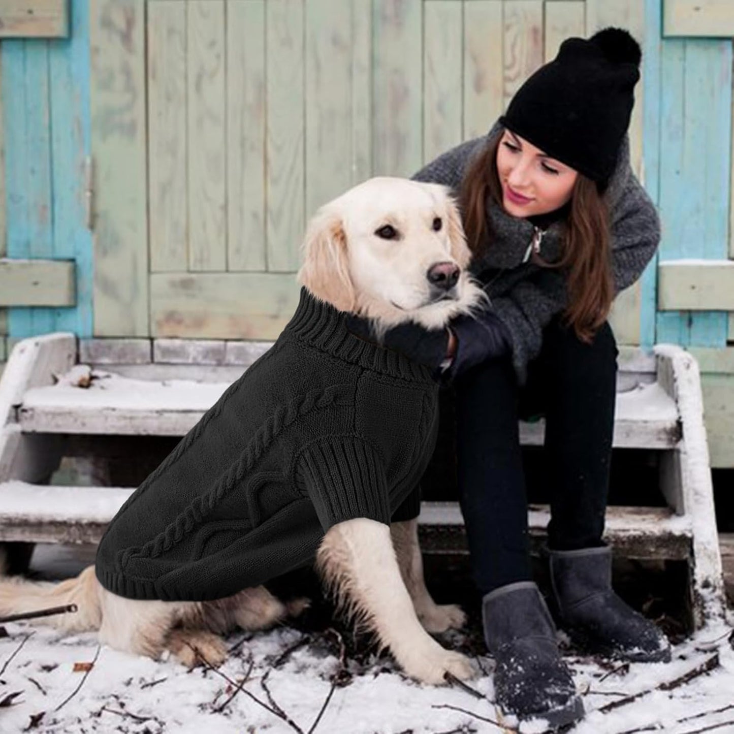 Queenmore Small Dog Pullover Sweater, Cold Weather Cable Knitwear, Classic Turtleneck Thick Warm Clothes for Chihuahua, Bulldog, Dachshund, Pug (Black, X-Small)