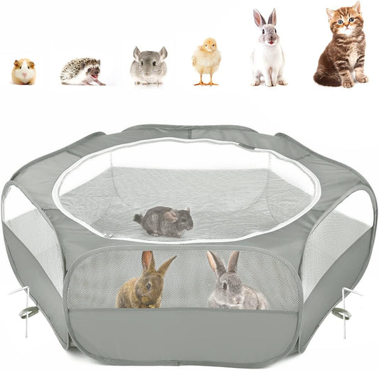 Pawaboo Small Animals Playpen, Waterproof Small Pet Cage Tent with Zippered Cover, Portable Outdoor Yard Fence with 3 Metal Rod for Chick/Kitten/Puppy/Guinea Pig/Rabbits/Hamster/Chinchillas,Light Gray