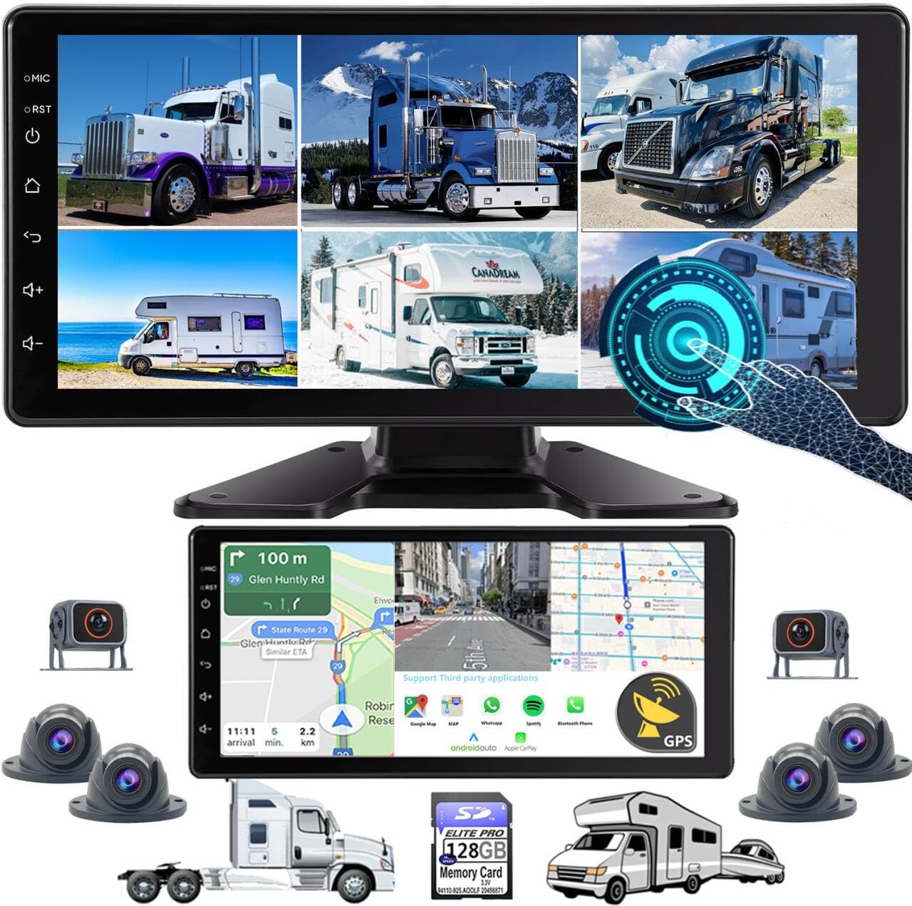 RV Backup Camera 10.1" 1080P Monitor & Built-in DVR for Truck Trailer Rear Side Front Reversing View Wired System FHD Image 4 Split Large Screen 64GB Record IP69 Waterproof Avoid Blind Spot Kit