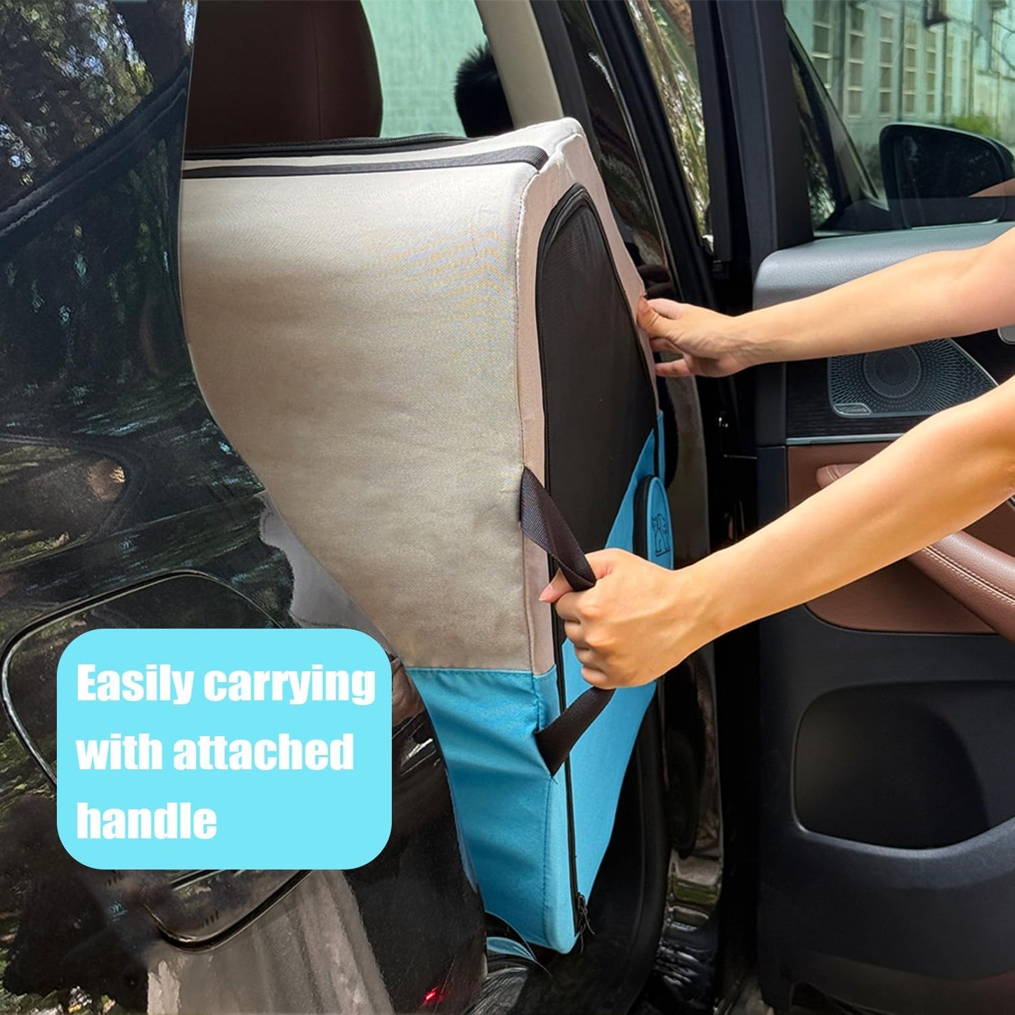 Large Portable Pet Crate for Car Travel, 24"x22"x25" Foldable Dog & Cat Carrier with Secures Seatbelt & Headrest Strap, Oxford Soft-Sided Pet Kennel with Removable Bed for Medium & Large Pets