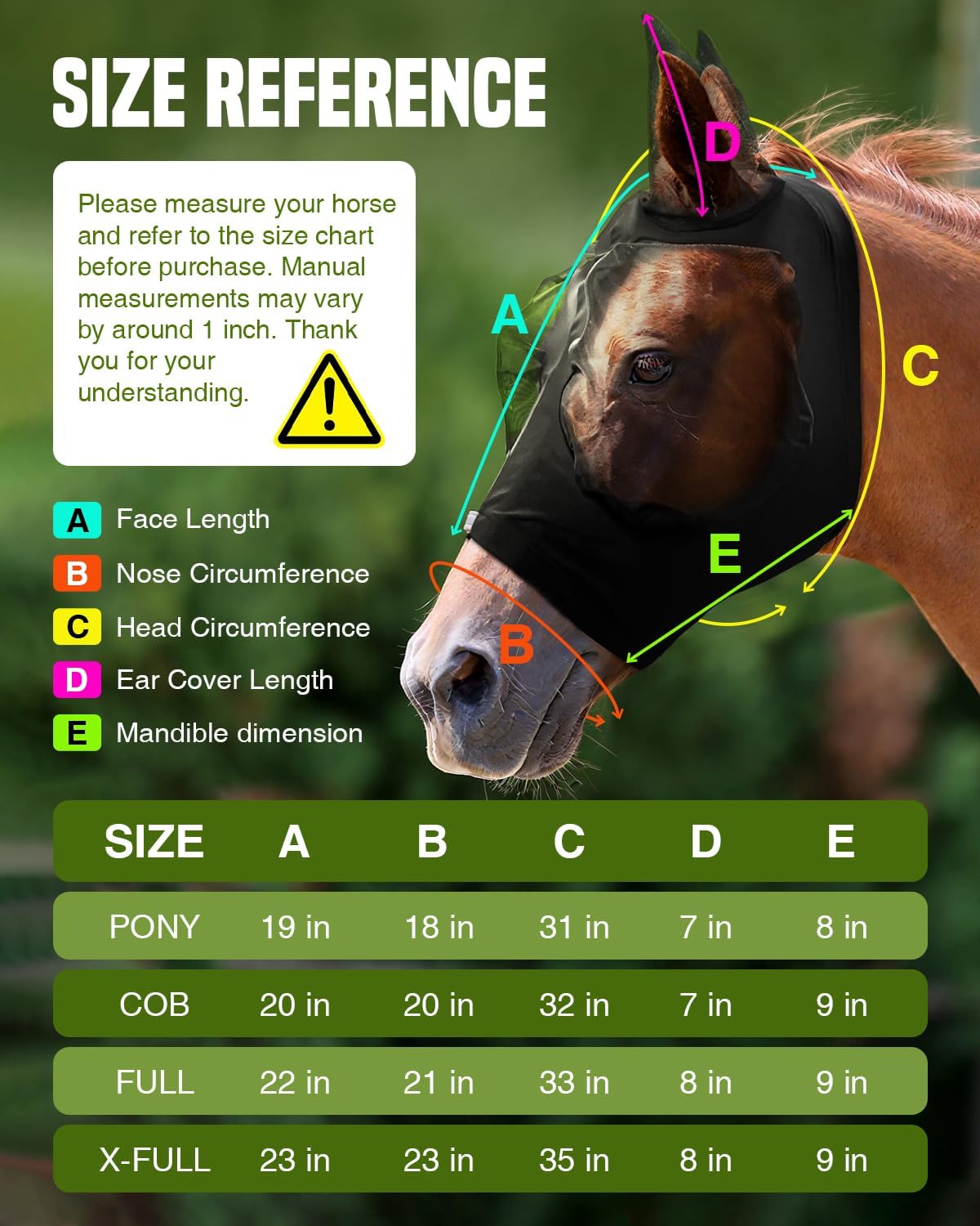 JWODVNTH Fly Masks for Horses with Ears - Large Eye Space, Comfort, UV-Block - Horse Fly Mask for Daily Stable, Hot Weather Riding, and Competition - Cob, Black