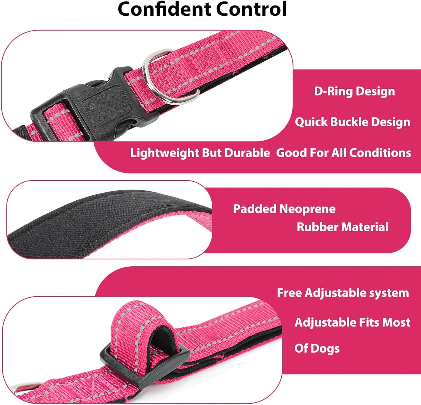 Reflective Dog Collar Padded with Soft Neoprene Breathable Quick Release Basic Dog Collars for Large Dogs Hot Pink Girl