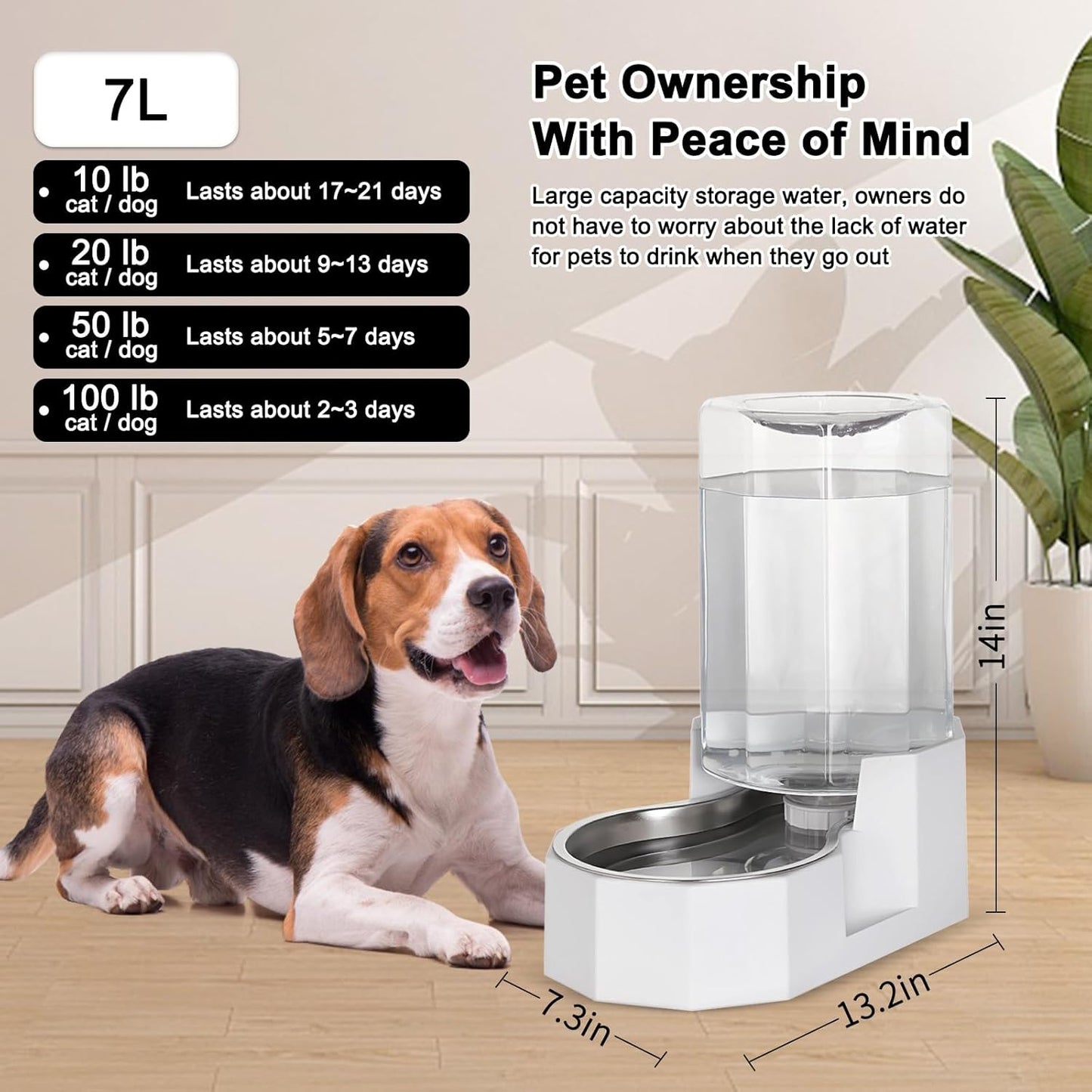Sfozstra Dog Water Bowl Dispenser: 7L Large White Gravity Stainless Steel Bowl - Without Filter - Pet Feeder for Pets Indoor/Outdoor Use by Owners