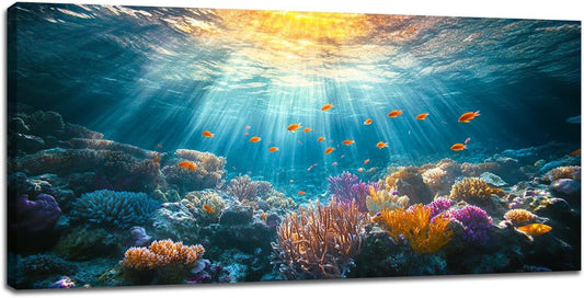 Quorin Ocean Large Wall Art Undersea Coral Reef Fish Pictures Sea Nautical Wall Decor Canvas Print Painting Artwork for Bathroom Living Room Bedroom 30"x60"
