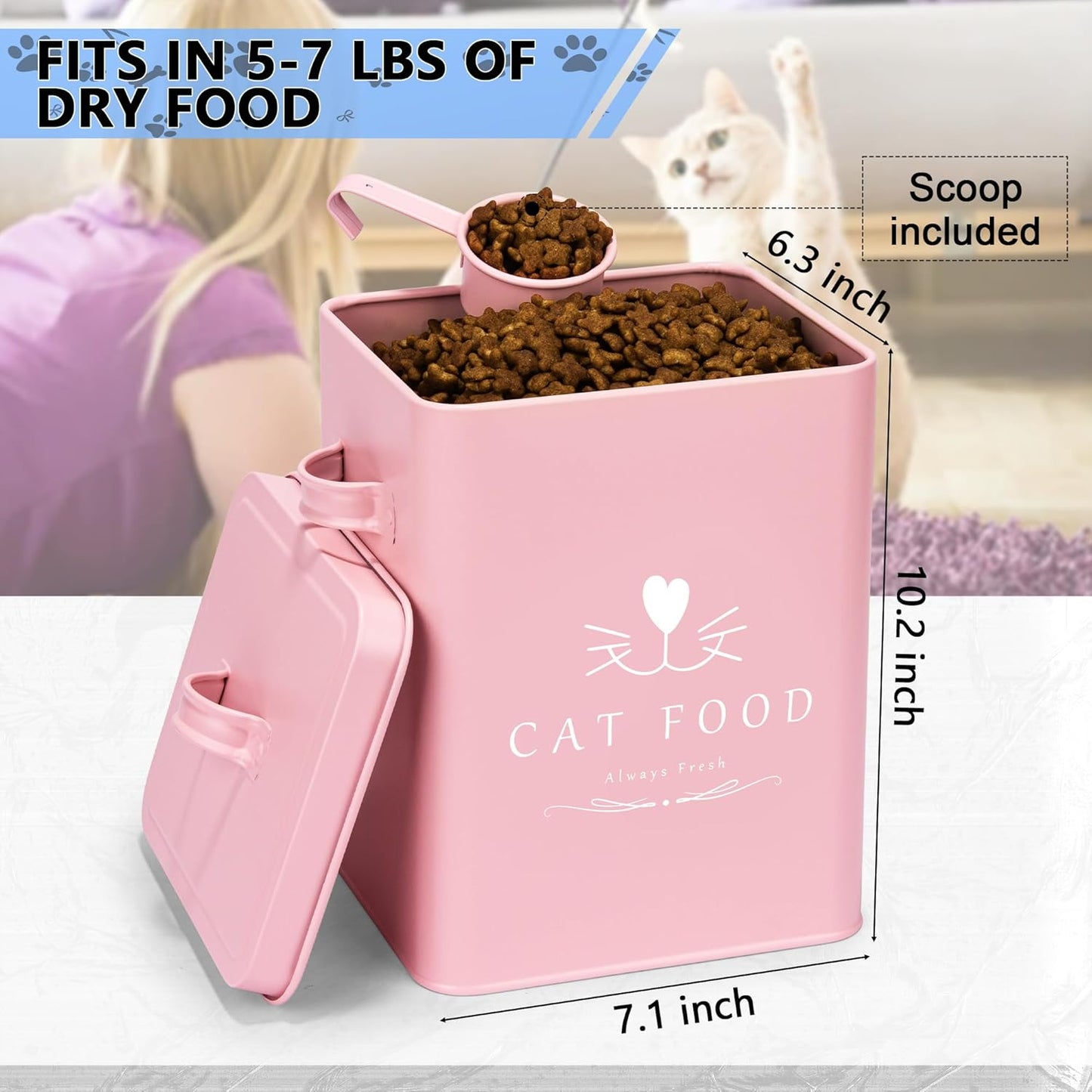 Meraki Home Cat Food Container and Treat Container - Tight Lids - Feed Scoop and Pet Food Bowl - Farmhouse Metal Storage Bin - Great Gift for Small Pets - Matte Pink
