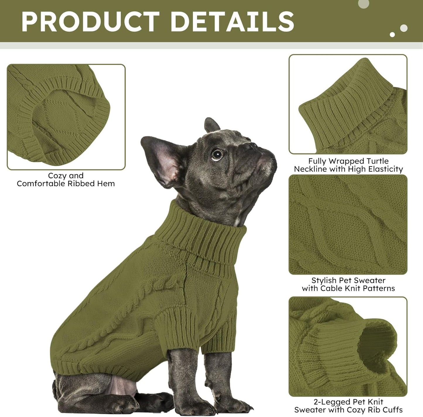 Queenmore Small Dog Pullover Sweater, Cold Weather Cable Knitwear, Classic Turtleneck Thick Warm Clothes for Chihuahua, Bulldog, Dachshund, Pugl,OliveGreen,XXL