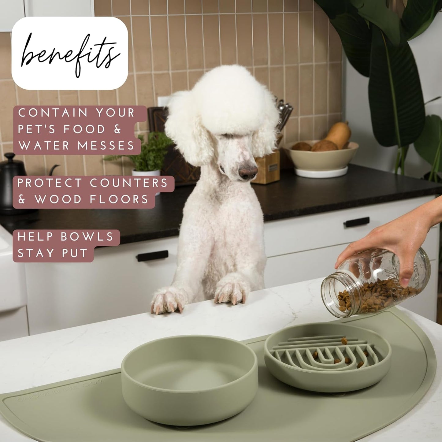 Waterproof Silicone Pet Food Mat - Non-Slip, Spill-Proof Feeding Mat for Floors, Raised Edge Design Easy-to-Clean Rubber Mat for Dog & Cat Bowls, 28" Across x 14" Deep, Large-Ocean Blue