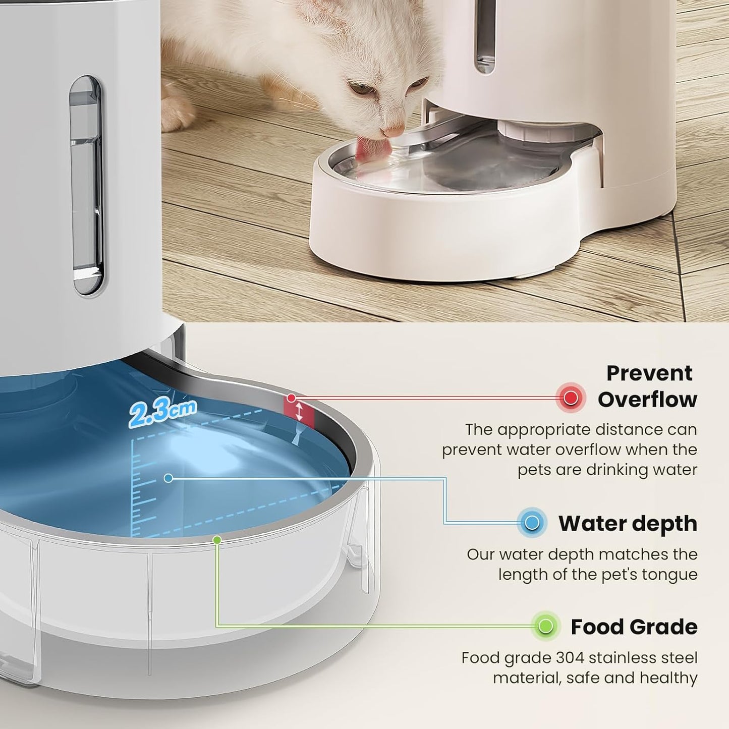 CZPET Automatic 4L/1Gal/135Oz Cat Water Dispenser with Stainless Steel Bowl, Gravity Waterer for Small Medium Dog Puppy Kitten (White)
