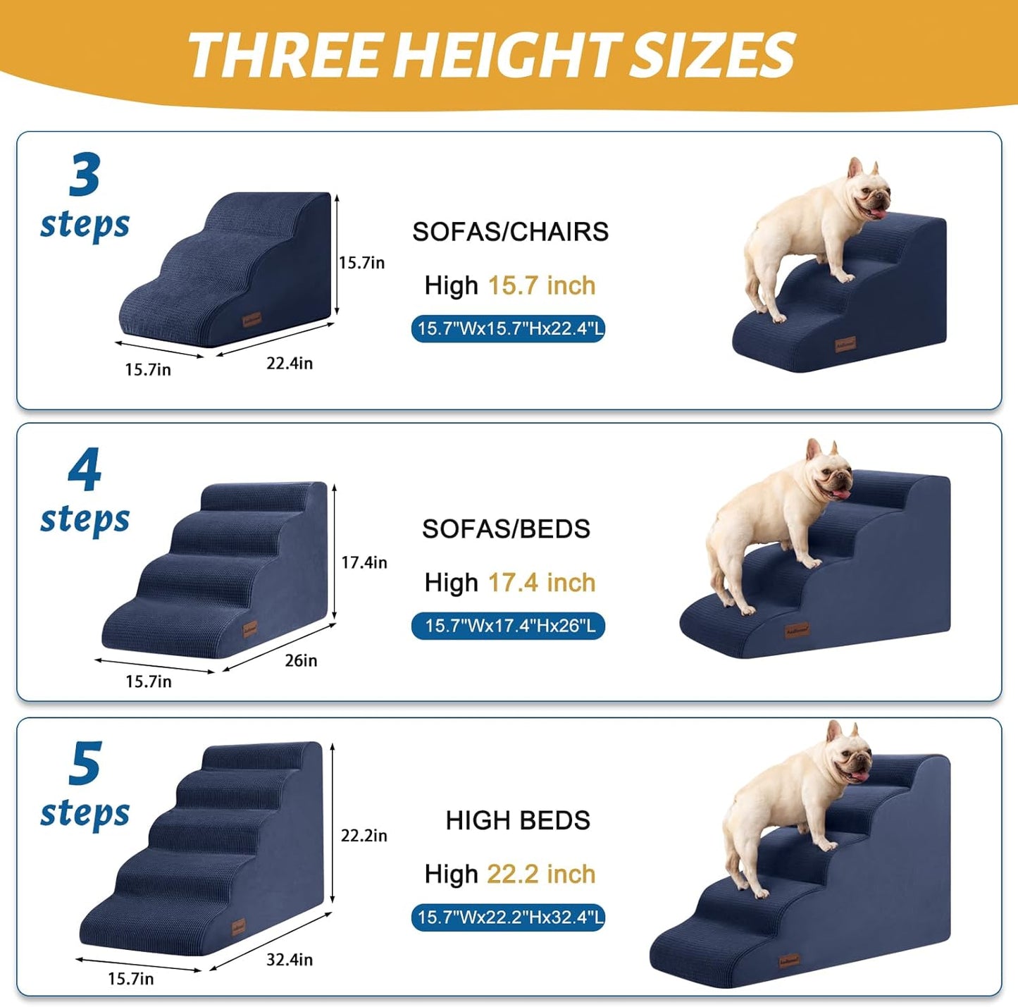 4-Step Dog Stairs and Ramp for Beds or Couches,Non-Slip Sturdy Pet Steps for Small Dogs and Cats,17.4" H,Blue
