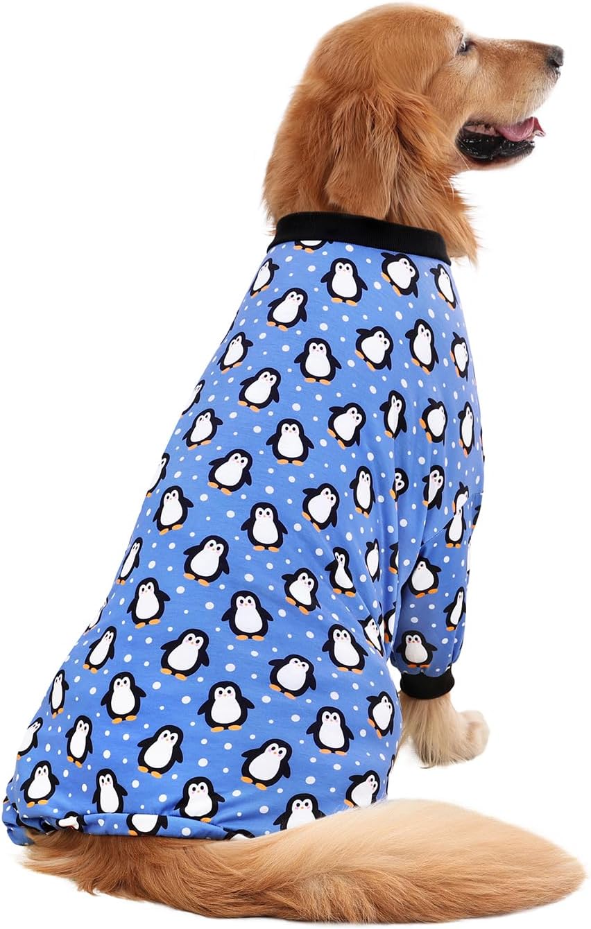 HDE Dog Pajamas One Piece Jammies Jumpsuit Pet Clothes Outfit Stretchy Lightweight Comfy Shirt Pjs for M-3XL Dogs Penguin Polka Dots - XL