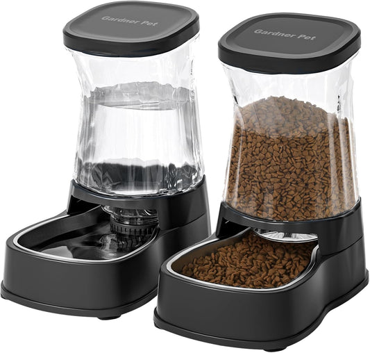 Automatic Pets Gravity Feeder and Water Dispenser Set with Stainless Steel Bowl, 1Gallon x 2 Stable Dog Food Feeder and Waterer, 100% BPA-Free for Small&Medium Dogs, Cats, Puppies(Black)