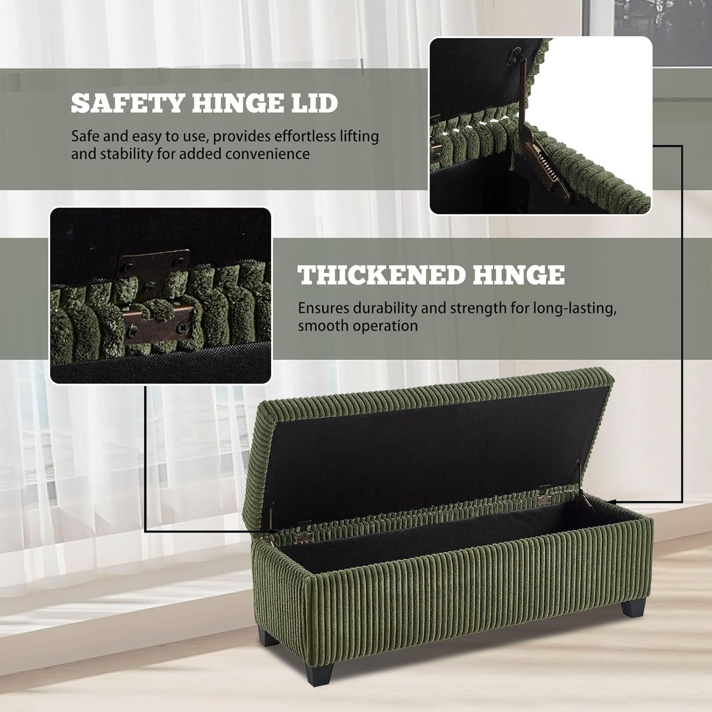 48" Green Ottoman with Storage, Corduroy Storage Ottoman Bench for Bedroom, End of Bed Bench with Safety Hinge for Living Room, Entryway