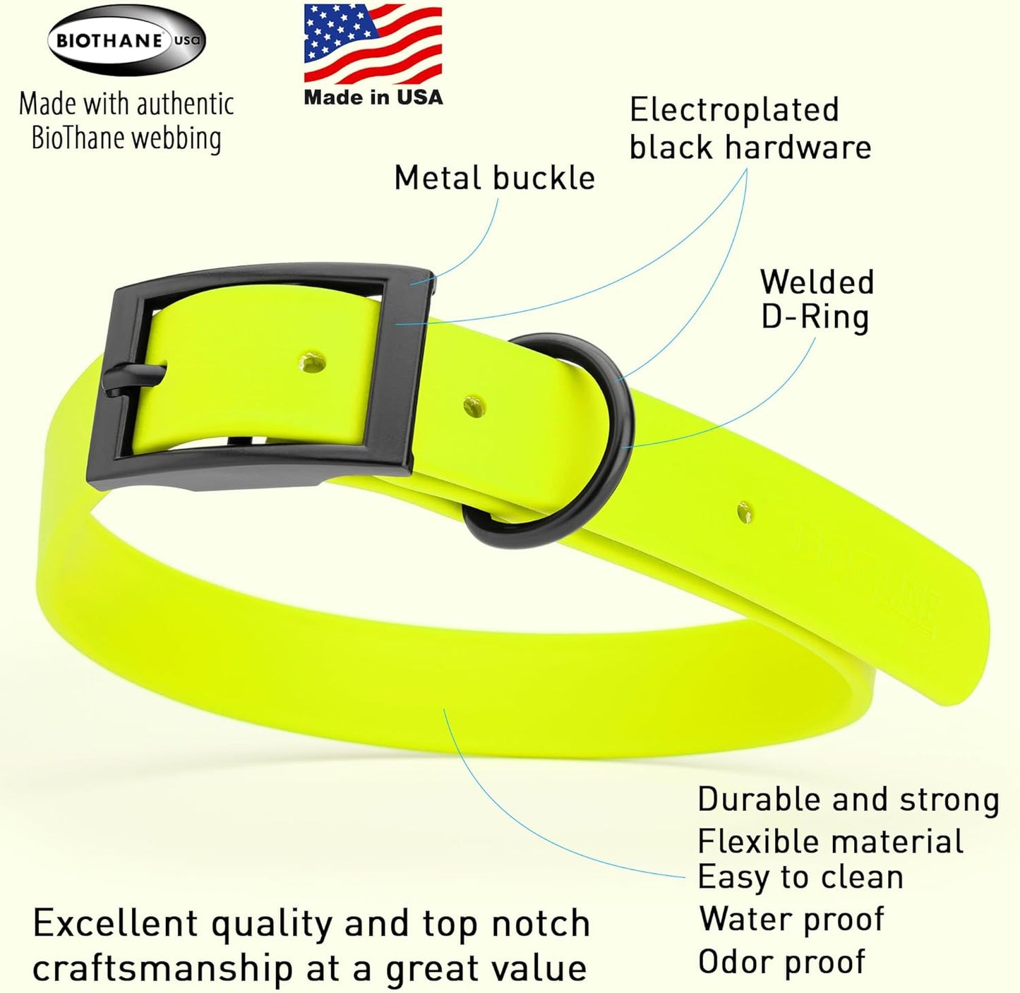 Dogline Biothane Waterproof Dog Collar Strong Coated Nylon Webbing with Black Hardware Odor- Proof for Easy Care Easy to Clean High Performance Fits Small Medium or Large Dogs, Safety Yellow