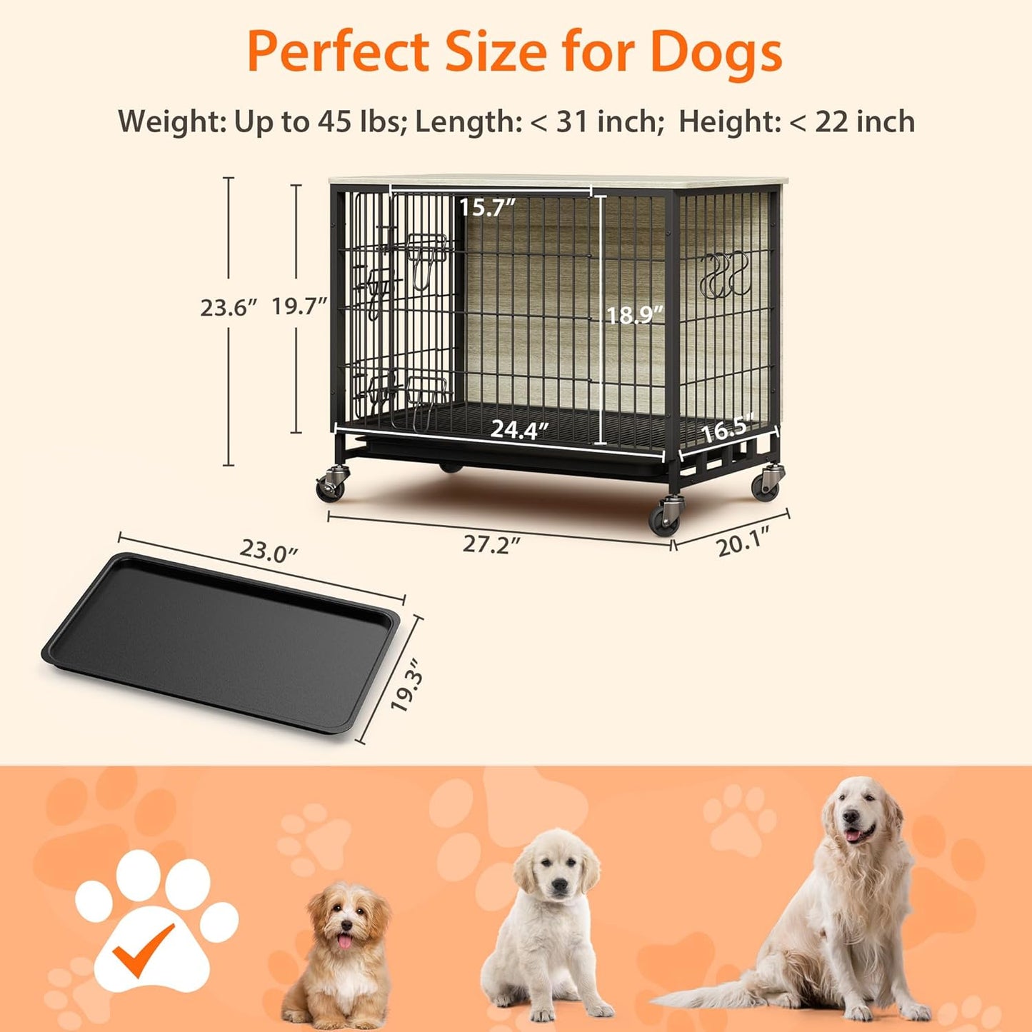 Dog Crate Furniture, 27.2" Small Dog Kennel Wooden Dog Crate with Pull-Out Tray, Double Doors, Modern End Table for Small/Medium Dogs, Rustic Brown