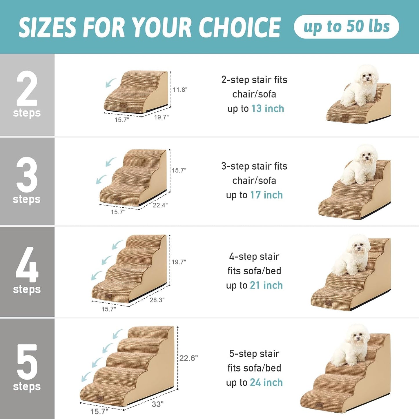 Dog Stairs for High Bed 22.6" H, Small Dog Step for Puppy, Older or Cat, Curved Ramp for Car, Ladder with High Density Foam, Lightweight, Durable, 15.7x33x22.6 inch, 5 Step, Light Brown