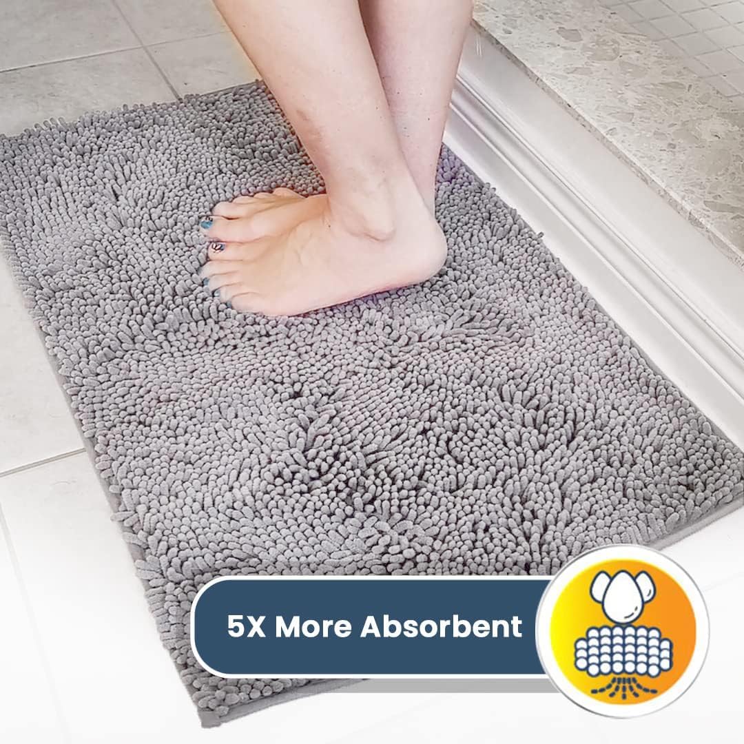 Muddy Mat® AS-SEEN-ON-TV Highly Absorbent Microfiber Door Mat and Pet Rug, Non Slip Thick Washable Area and Bath Mat Soft Chenille for Kitchen Bathroom Bedroom Indoor and Outdoor - Grey 5ft x 7ft