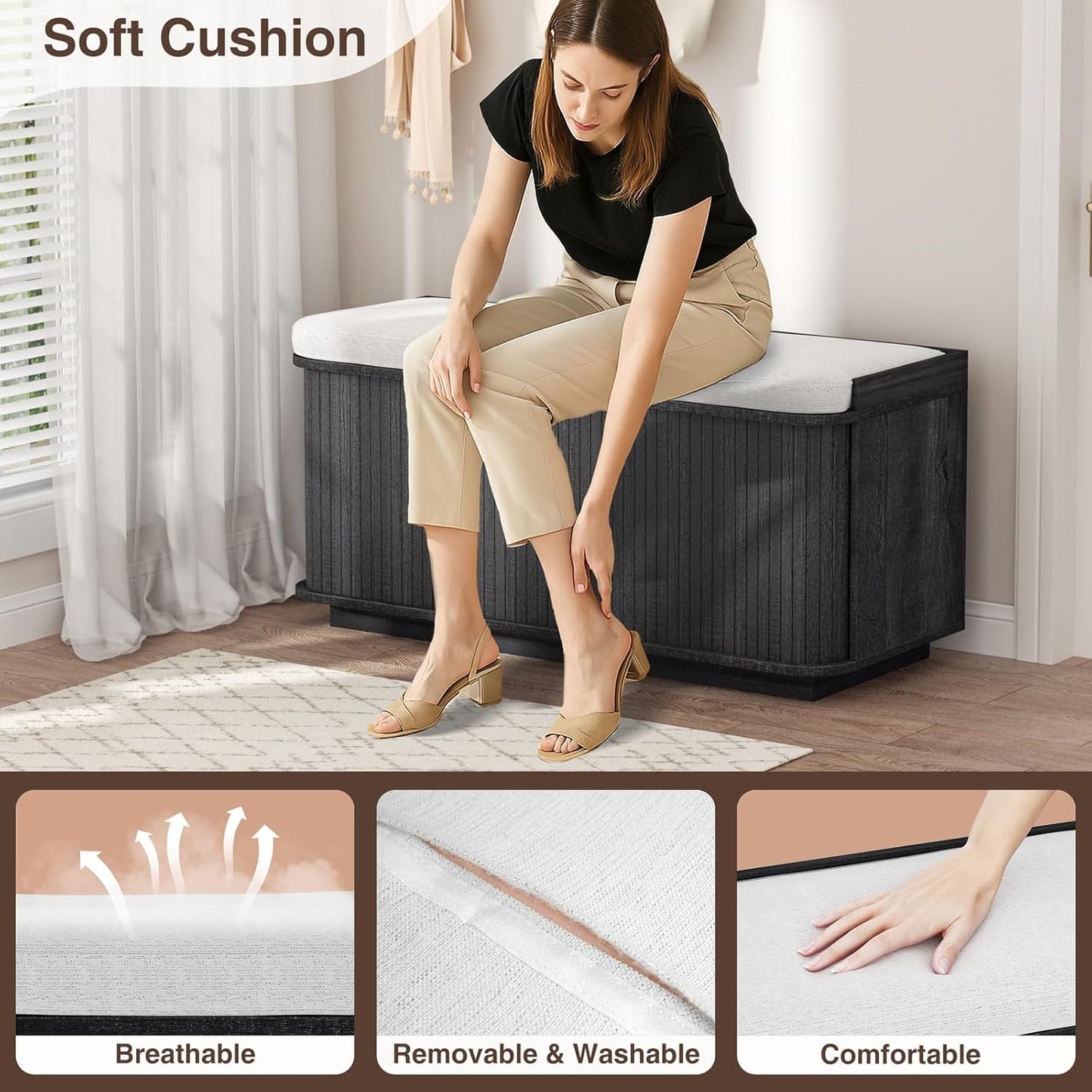 Dark Grey 39.4" W 2-Tier Shoe Bench with Storage | Entryway Bench with Padded Cushion, Sliding Doors & 5 Hooks