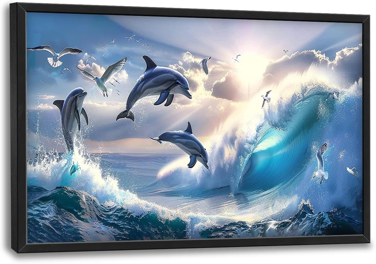 Dolphin Seagull Large Wall Art Sea Ocean Waves Sunrise Pictures Wall Decor Nautical Coastal Canvas Print Painting Artwork for Bathroom Living Room Bedroom 36L" x 24W"