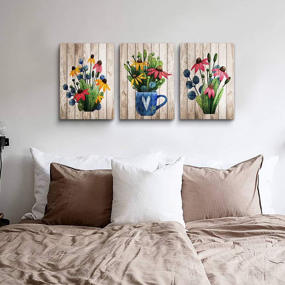 Vintage Wood grain plant flowers wall art for kitchen Wall Decoration for Living Room Wall decor for Bedroom room Decor 20" X 28" 3 Piece Framed Office Canvas print Artwork modern Home Decor painting