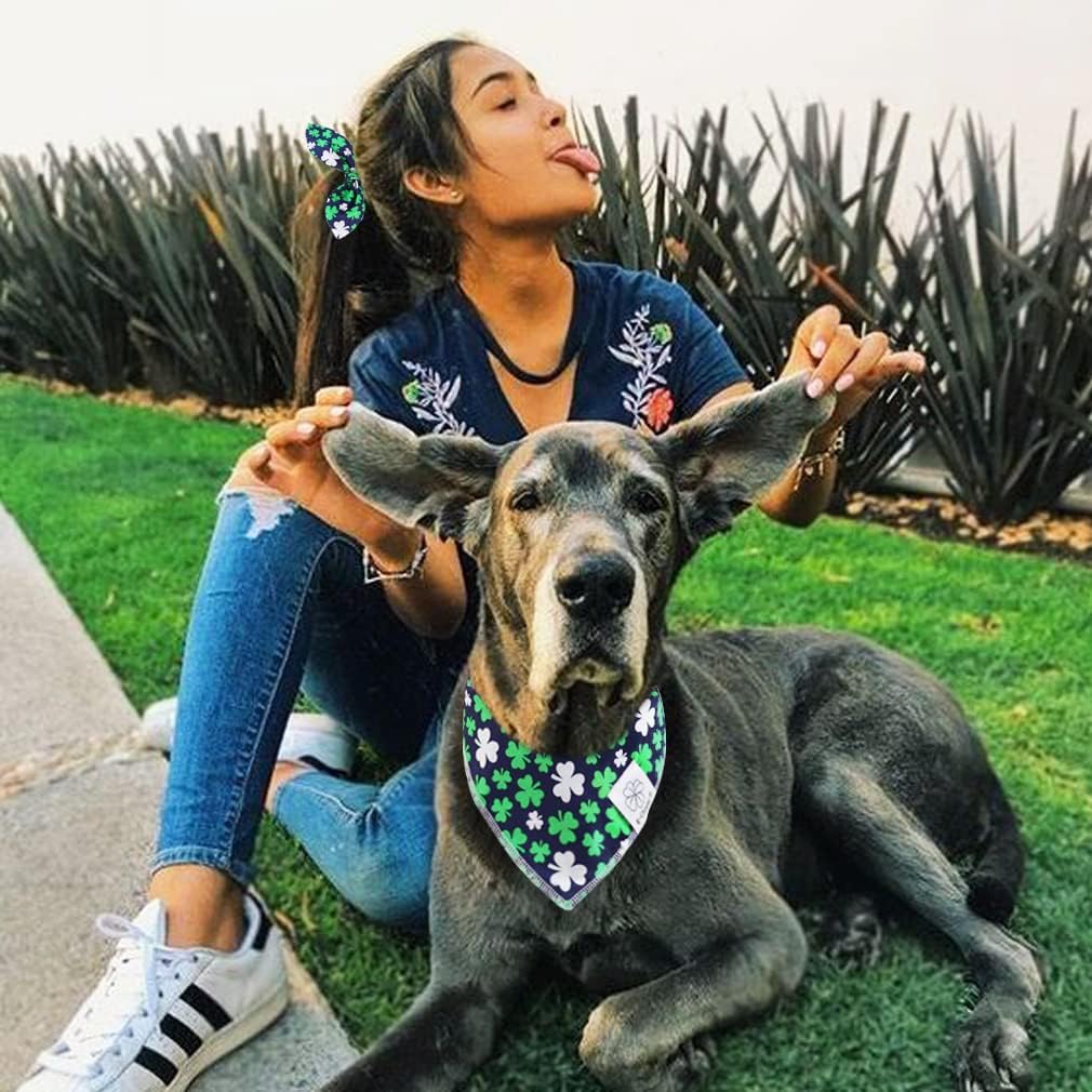 E-Clover Spring Dog Bandana & Matching Scrunchie Set Shamrock Lucky Dog Bandanas Scarf with Bow Hair Ties for Medium Large Dogs & Pet Owner Mom