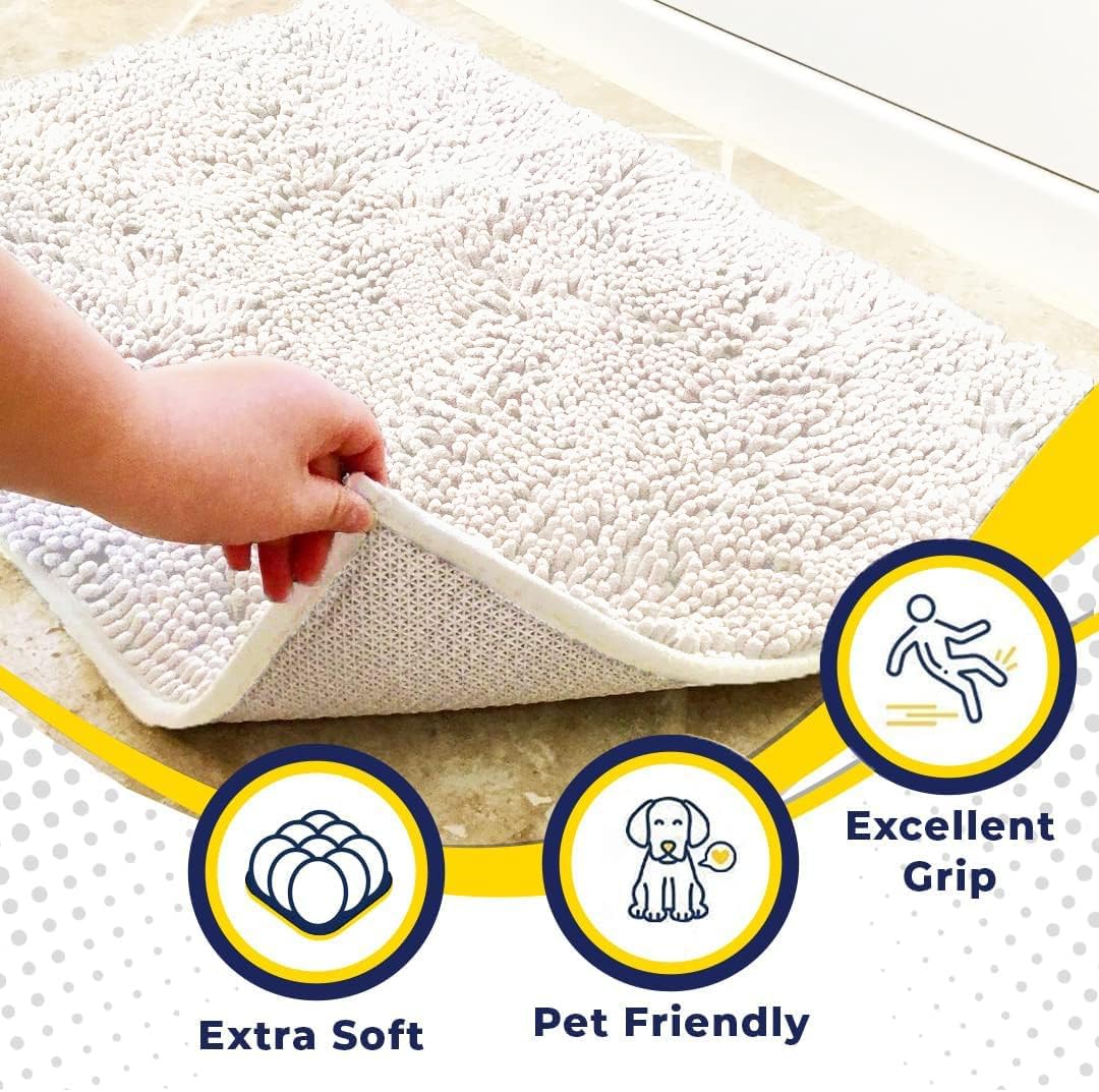 Muddy Mat® AS-SEEN-ON-TV Highly Absorbent Microfiber Door Mat and Pet Rug, Non Slip Thick Washable Area and Bath Mat Soft Chenille for Kitchen Bathroom Bedroom Indoor and Outdoor - White 36" x 120"